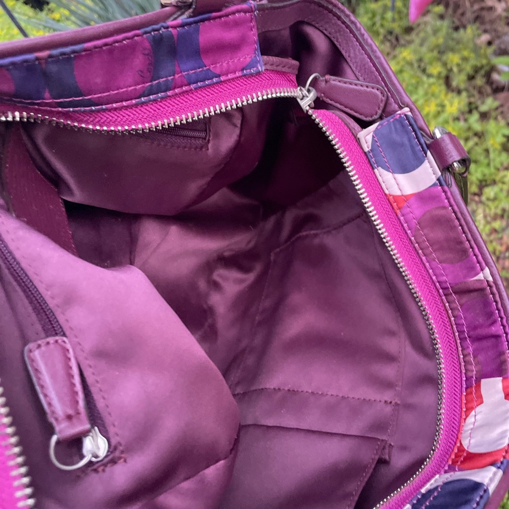 Coach signature scarf print  Purple Patterned Tote Bag leather trim 18 X 9 - Picture 7 of 7